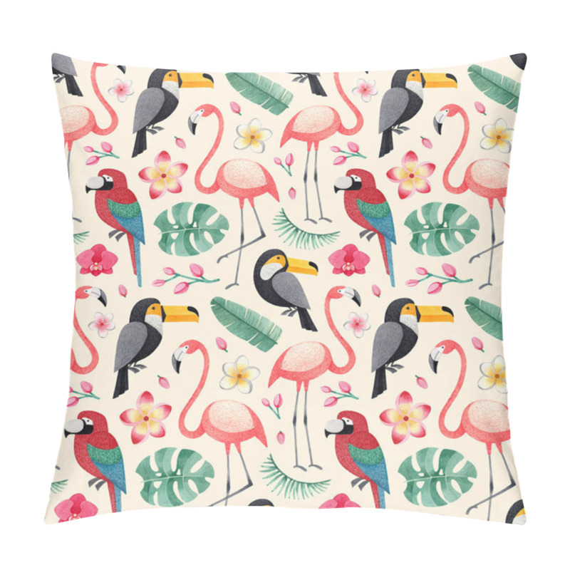 Personality  Watercolor Illustrations Of Birds, Tropical Flowers And Leaves. Seamless Tropical Pattern Pillow Covers