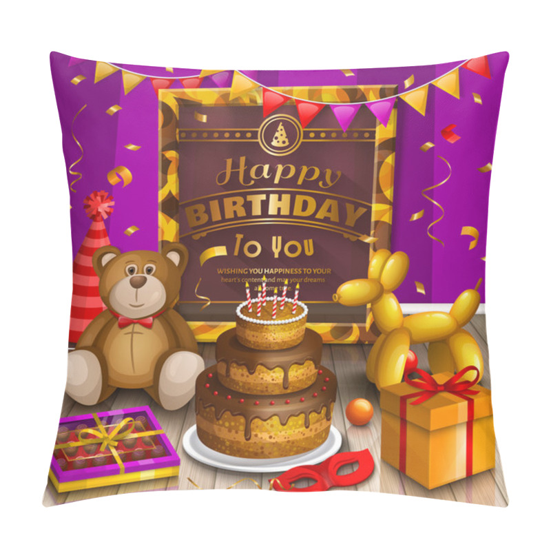 Personality  Happy Birthday Greeting Card. Lots Of Presents And Toys. Party Hats, Teddy Bear, Cake, Dog Balloon, Box Of Chocolates, Confetti, Playing Ball And Pattern Gold Frame For Your Text On Wooden Floor Pillow Covers