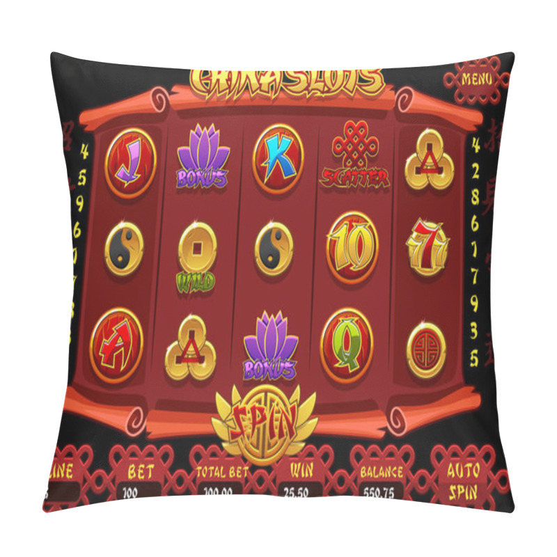 Personality  China Casino Slot Machine Game And Icons. Vector Complete Interface Chinese Slot Machine And Buttons. Chinese Characters Representing Good Luck And Fortune Pillow Covers