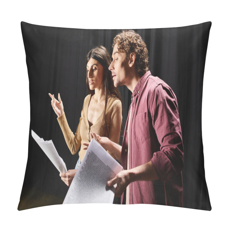 Personality  Man And Woman Hold Paper, Rehearsing In Theater. Pillow Covers