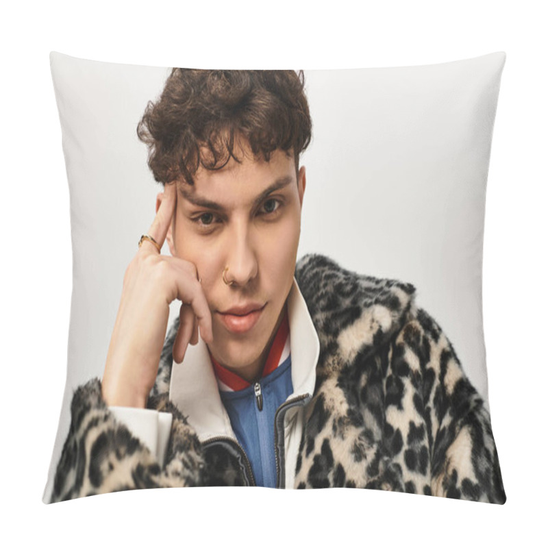 Personality  Handsome Man Poses Thoughtfully, Showcasing Confidence And Unique Style In A Modern Space. Pillow Covers