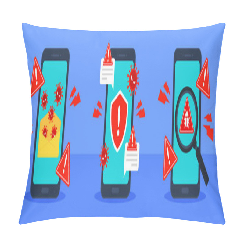 Personality  Cyber Security Threats On Smartphone. System Vulnerability Warning. Mobile Phone Hacking. Cybercrime Or Antivirus Concept. Virus, Malware, Ransomware, Or Bug. Flat Cartoon Icon. Vector Illustration. Pillow Covers