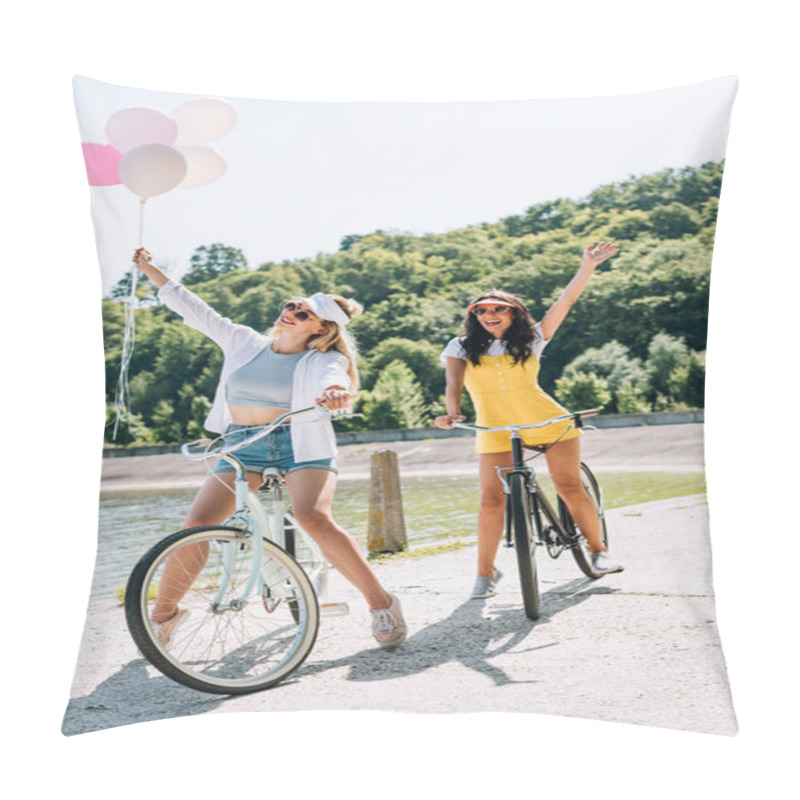 Personality  Happy Blonde And Brunette Friends Riding Bikes With Balloons Near River In Summer Pillow Covers