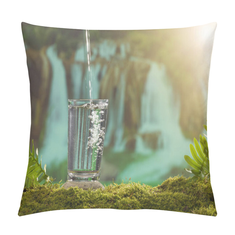 Personality  A Glass Of Water On A Moss Covered Stone. The Forest Background Is Waterfall Pillow Covers