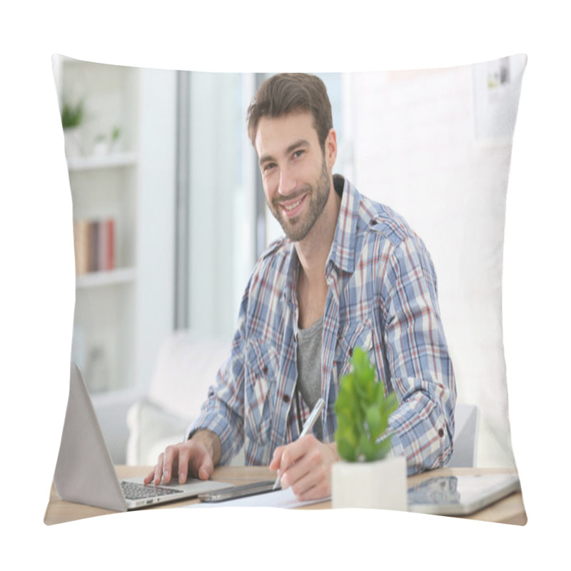 Personality  Businessman At Home Working On Laptop Pillow Covers