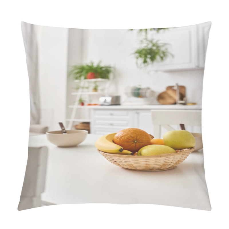 Personality  Object Photo Of Contemporary Kitchen With Fresh Fruits On Table And Blurred Plants On Backdrop Pillow Covers