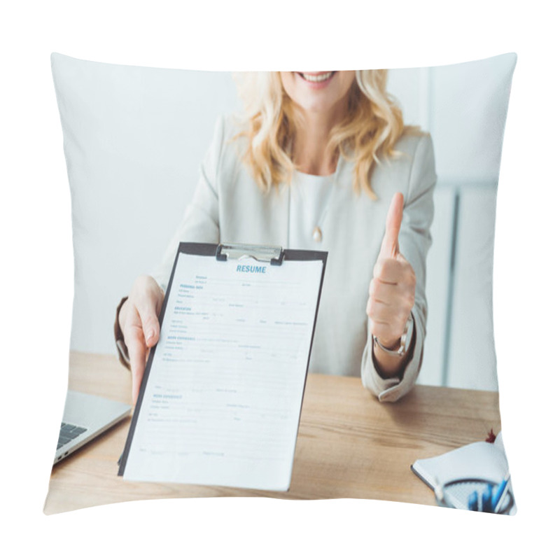 Personality  Cropped View Of Woman Holding Clipboard With Resume Lettering And Showing Thumb Up  Pillow Covers