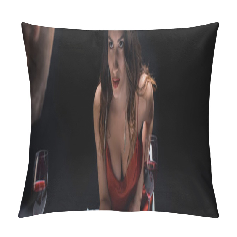 Personality  Panoramic Shot Of Beautiful Woman Flirting With Man Beside Wine Glasses On Table Isolated On Black Pillow Covers