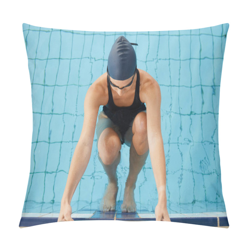 Personality  Swimming, Start And Top View Of Woman In Pool For Exercise, Training And Workout For Competition In Gym. Fitness, Water Sports And Female Swimmer On Starting Block For Race, Challenge And Performance. Pillow Covers