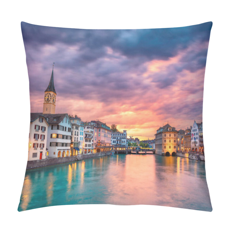 Personality  Zurich. Cityscape Image Of Zurich, Switzerland During Dramatic Sunset. Pillow Covers