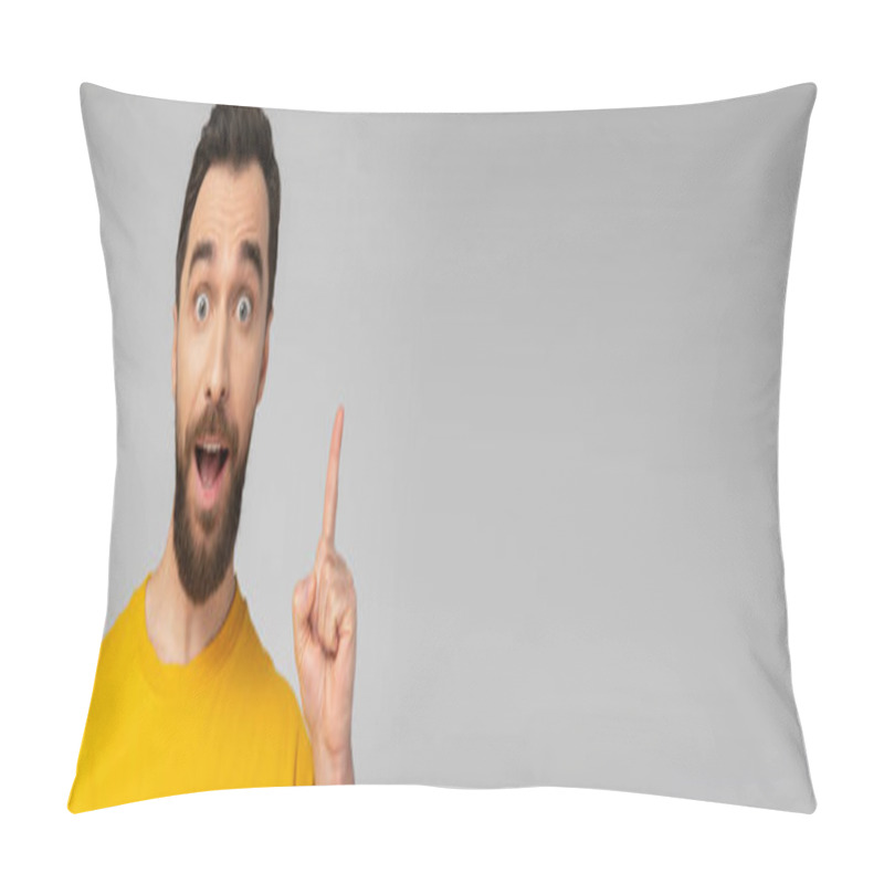 Personality  Excited Bearded Man Showing Idea Gesture While Looking At Camera Isolated On Grey, Banner Pillow Covers