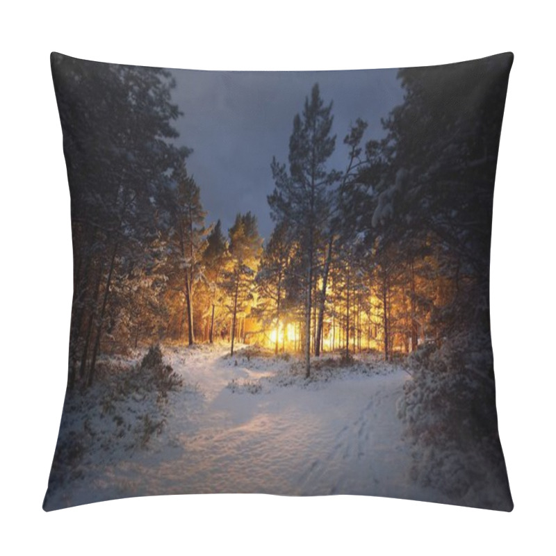 Personality  Illuminated Wooden Cabin (sauna) In A Coniferous Forest At Night. A Pathway Through The Snow-covered Pine Trees After A Blizzard. Winter Wonderland. Finland Lake Region Pillow Covers