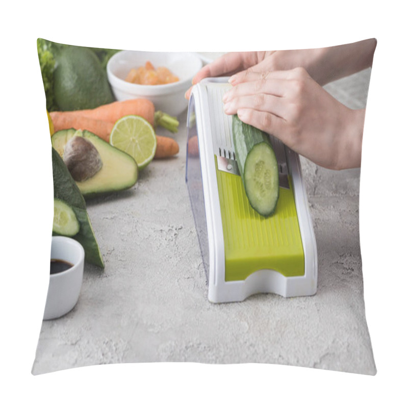 Personality  Cropped View Of Woman Grating Cucumber Among Ingredients  Pillow Covers