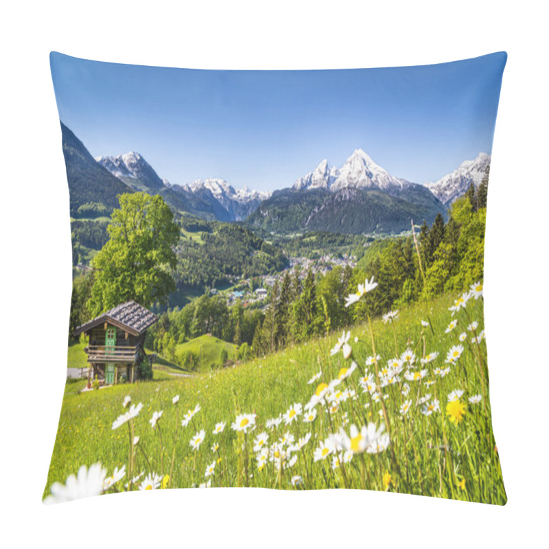 Personality  Idyllic Mountain Landscape In The Alps With Traditional Mountain Lodge In Springtime Pillow Covers