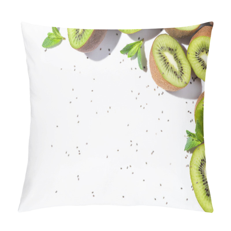 Personality  Top View Of Organic Kiwi Fruit Halves Near Peppermint And Black Seeds On White  Pillow Covers