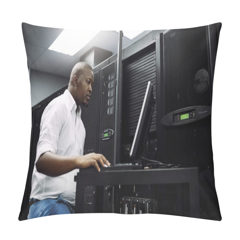 Personality  Engineer, Black Man Or Coding On Laptop In Server Room For Big Data, Network Glitch Or Digital Website. Code, IT Support Or Technician Typing On Computer Testing, Programming Or Software Development. Pillow Covers