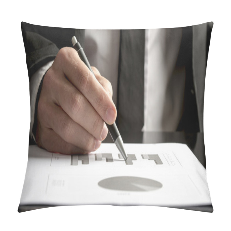 Personality  Financial Consultant Reviewing Statistical Graphs And Charts Pillow Covers