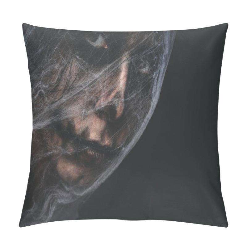 Personality  Creepy Character Covered With Spiderweb On Black Background. Halloween Spooky Creature Portrait With Copy Space Pillow Covers