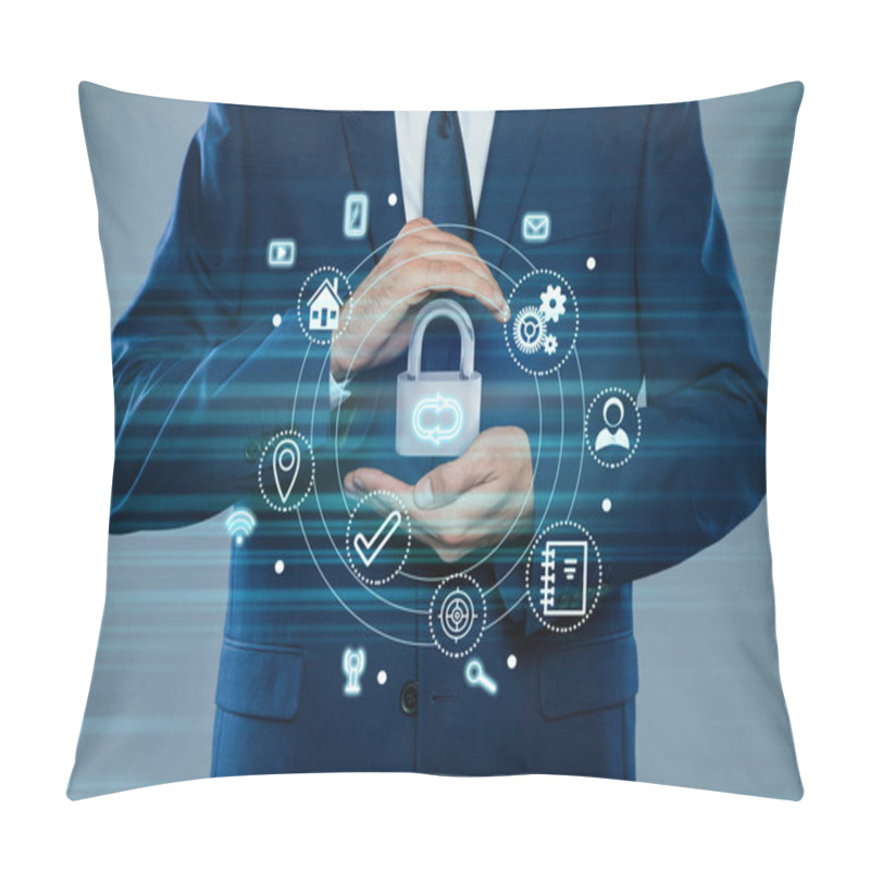 Personality  Home Security Concept. Man Holding Lock On Grey Background, Closeup Pillow Covers