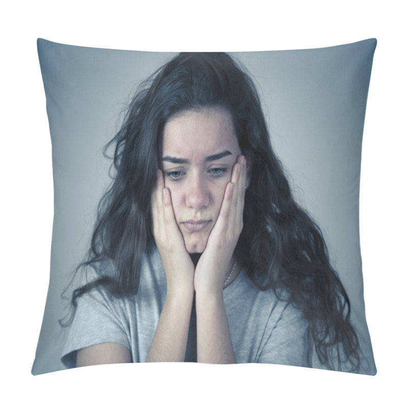 Personality  Portrait Of Beautiful Sad Miserable Young Teenager Girl With Unhappy Face Feeling Emotional Pain. Human Facial Expressions, Negative Emotions And Childhood Depression Concept. Moody Background. Pillow Covers