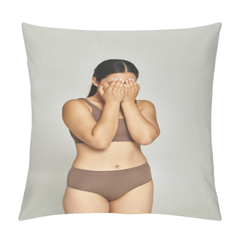 Personality  Brunette Embarrassed Woman In Underwear Covering Face With Hands On Grey Background, Body Shaming Pillow Covers