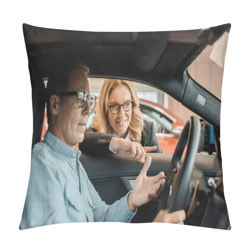 Personality  Handsome Adult Man Sitting In Sport Car At Showroom While Female Car Dealer Standing Outside Pillow Covers