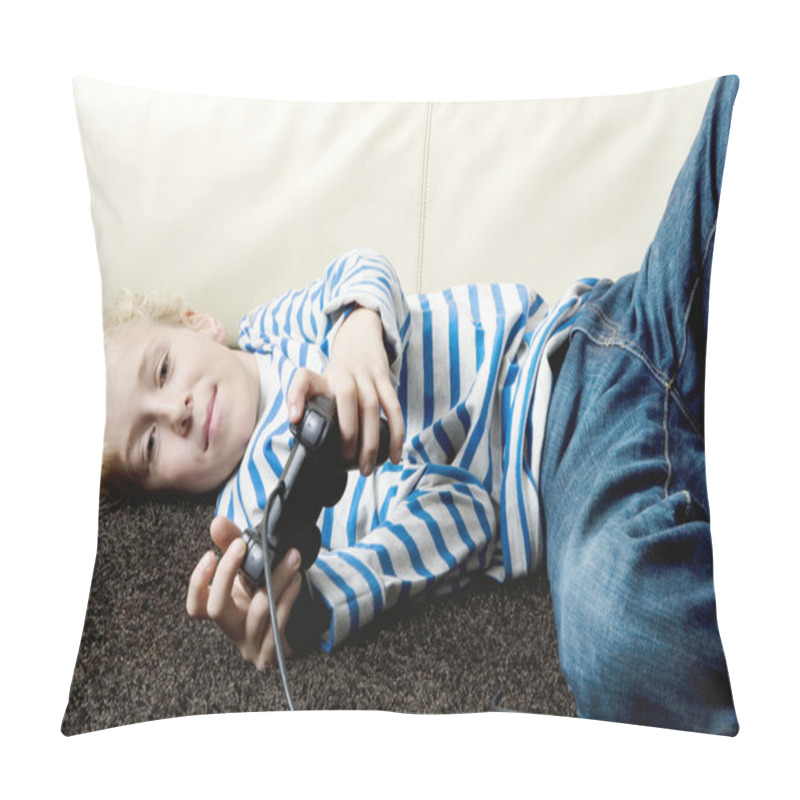 Personality  Young Boy Playing Video Games At Home, Laying Down On The Carpet. Pillow Covers