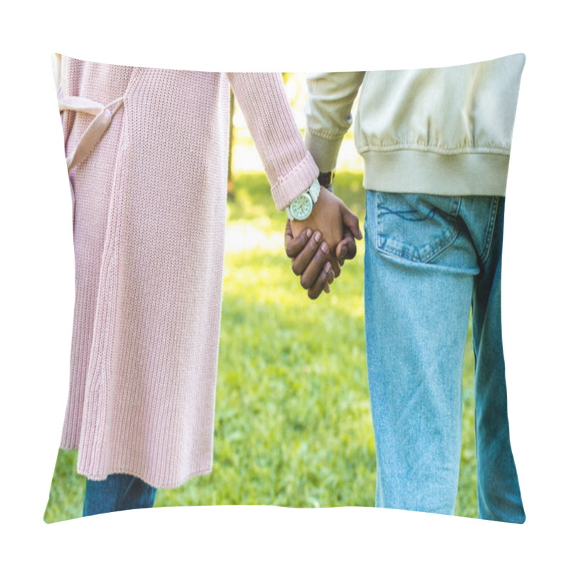 Personality  Cropped Image Of African American Couple Holding Hands In Park Pillow Covers