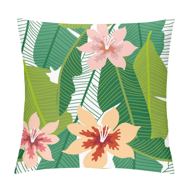 Personality  Green Tropical Background With Banana Leaves And Flowers. Pillow Covers