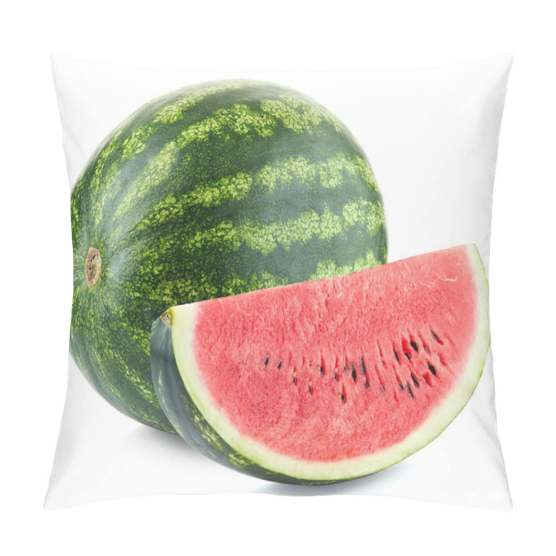 Personality  Whole And Slice Of Ripe Watermelon Isolated On White Background Pillow Covers