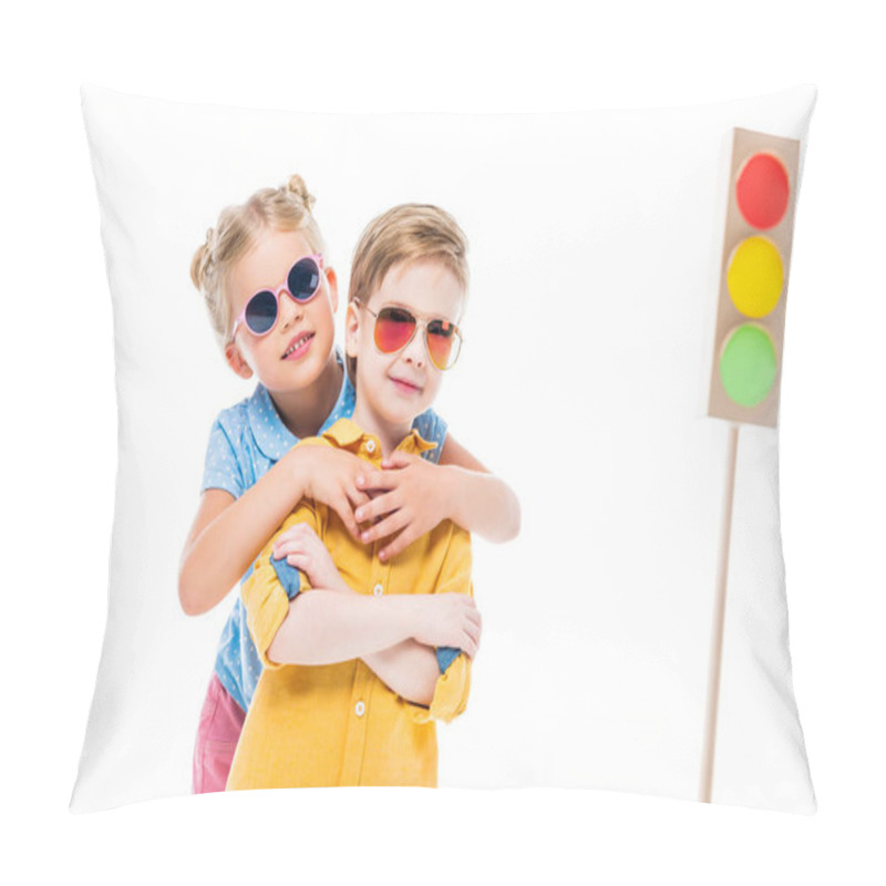 Personality  Stylish Children In Sunglasses With Cardboard Traffic Lights On Background, Isolated On White Pillow Covers