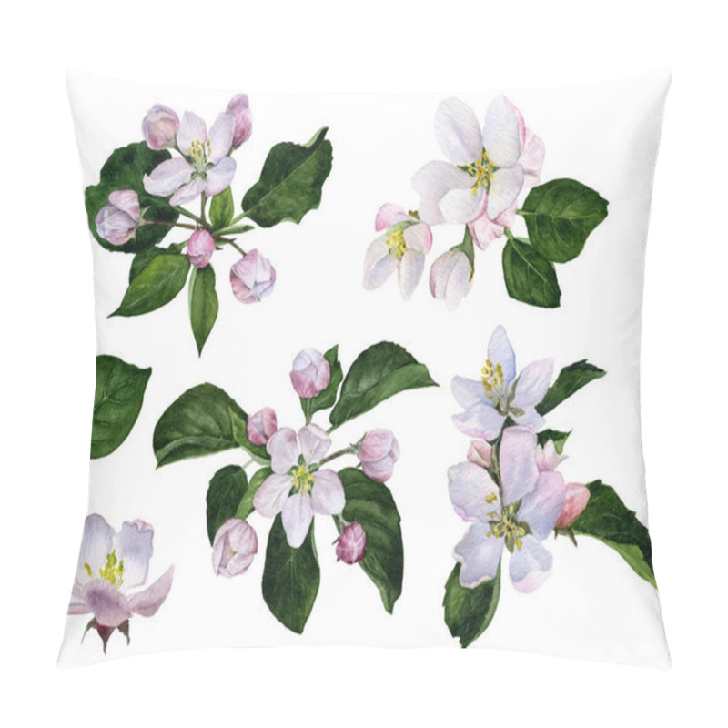 Personality  Set Of Apple Flowers And Buds With Green Leaves Hand Painted In Watercolor Isolated On The White Background Pillow Covers