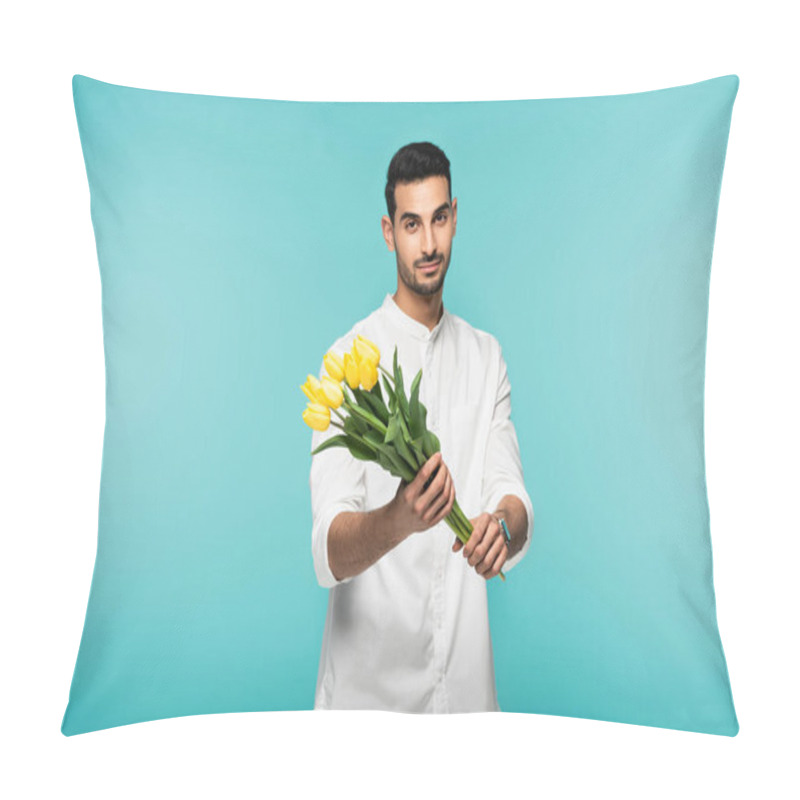 Personality  Muslim Man In White Shirt Holding Flowers Isolated On Blue  Pillow Covers