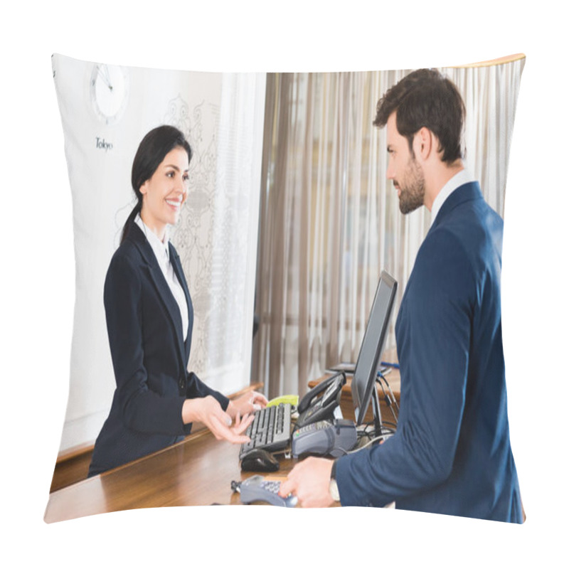 Personality  Selective Focus Of Happy Receptionist Gesturing Near Handsome Man With Credit Card  Pillow Covers