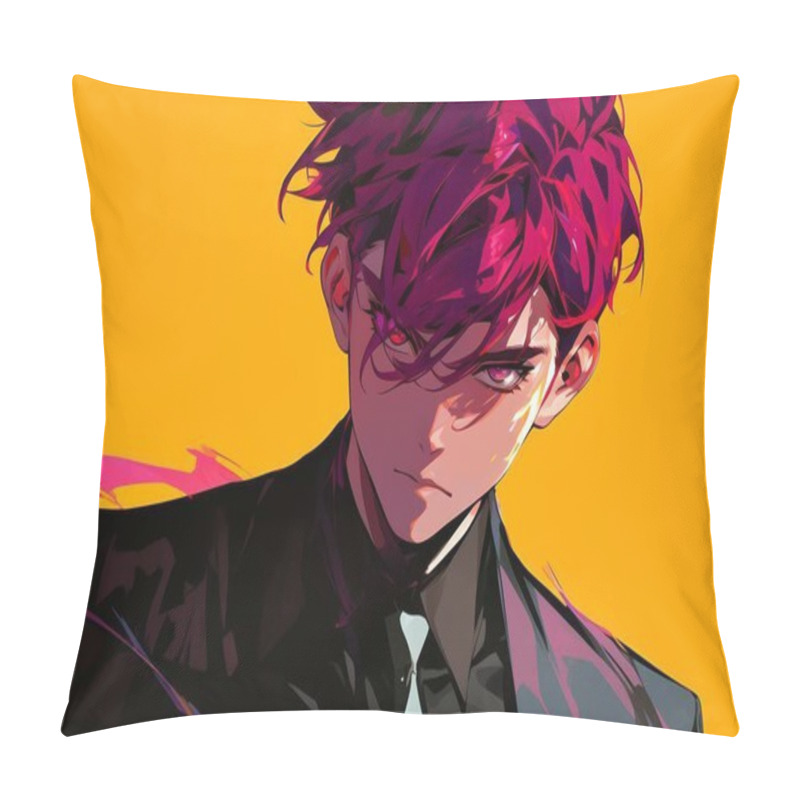 Personality  Anime-style Portrait Of A Character With Red Hair, Wearing A Black Suit And Tie Against A Vivid Yellow Backdrop. Pillow Covers