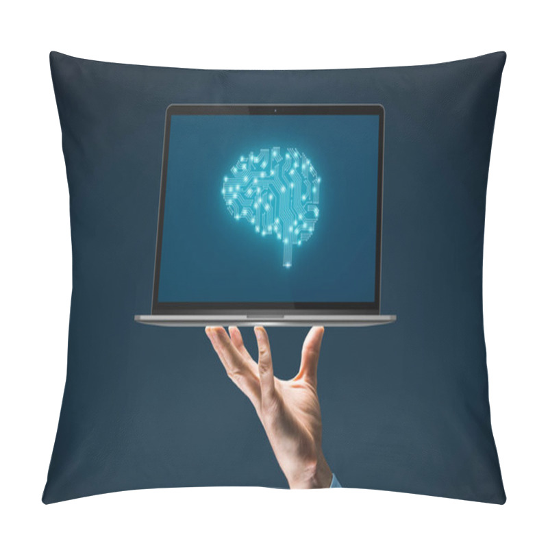 Personality  Artificial Intelligence (AI), Machine Deep Learning, Data Mining, And Another Modern Computer Technologies Concepts. Brain Representing Artificial Intelligence And Businessman With Notebook. Pillow Covers