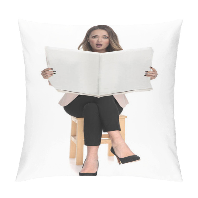 Personality  Shocked Businesswoman Sits On Wooden Stool While Holding Newspaper On White Background, Full Length Picture Pillow Covers