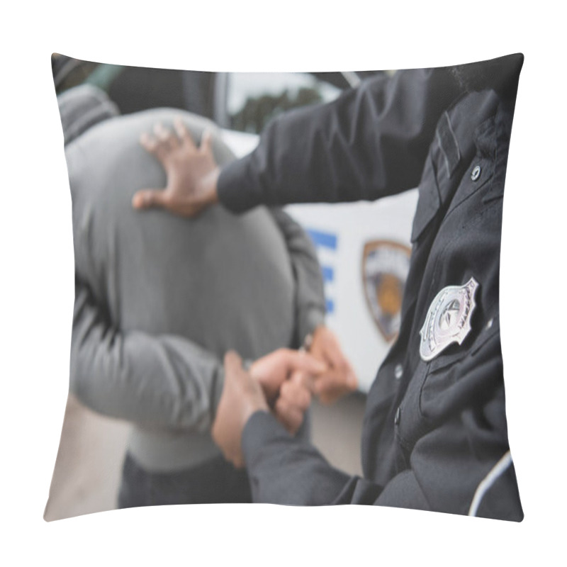 Personality  African American Policeman Arresting Hooded Offender On Blurred Background Outdoors Pillow Covers