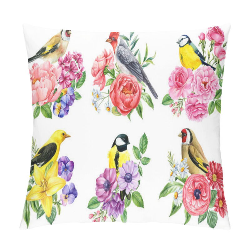 Personality  Watercolor Birds And Flowers Botanical Illustration, Hand-painted Goldfinch, Cardinal, Blue Tit, Oriole With Peonies, Roses, Daisies And Anemones. High Quality Illustration Pillow Covers