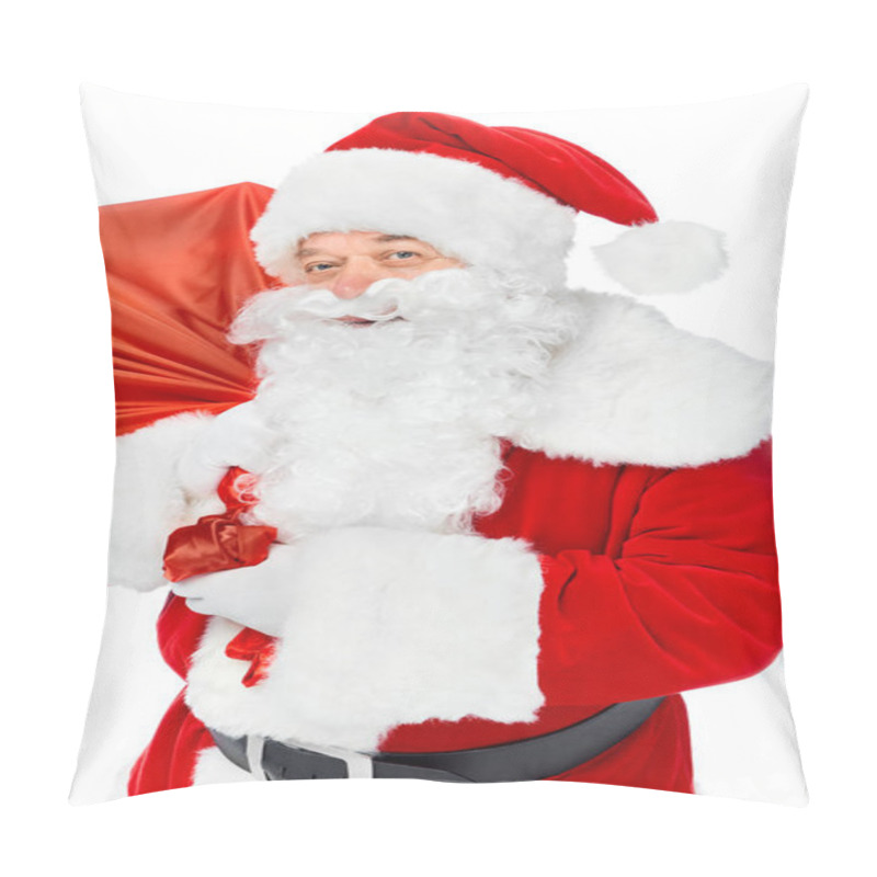 Personality  Smiling Santa Claus Carrying Red Christmas Bag Isolated On White Pillow Covers