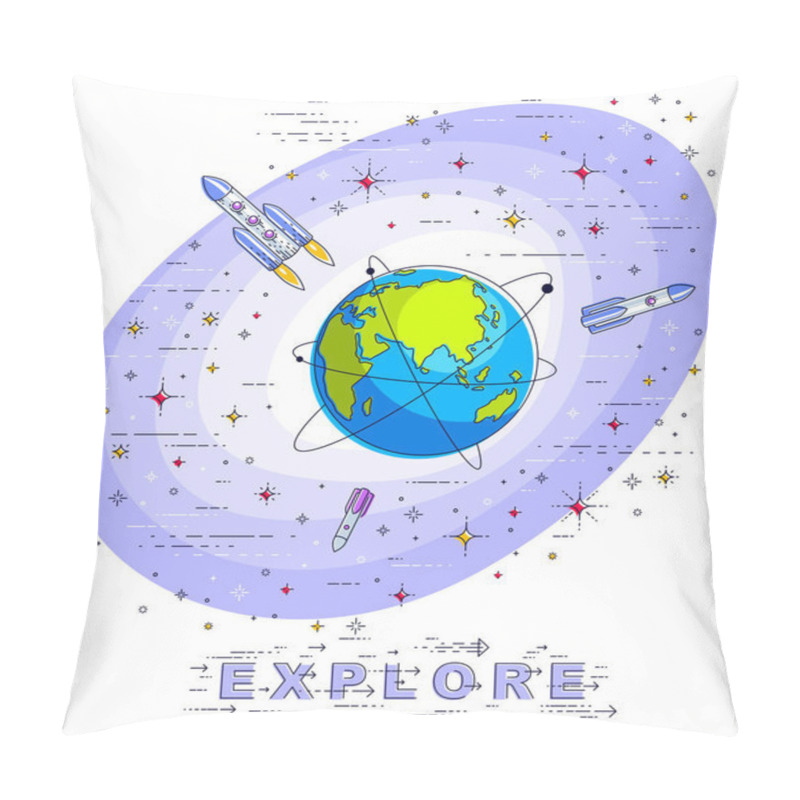 Personality  Small Earth In Endless Space Surrounded By Asteroids, Rockets, Meteors, Stars And Other Elements. Cosmos Science Theme. Thin Line 3d Vector Illustration Isolated On White. Pillow Covers