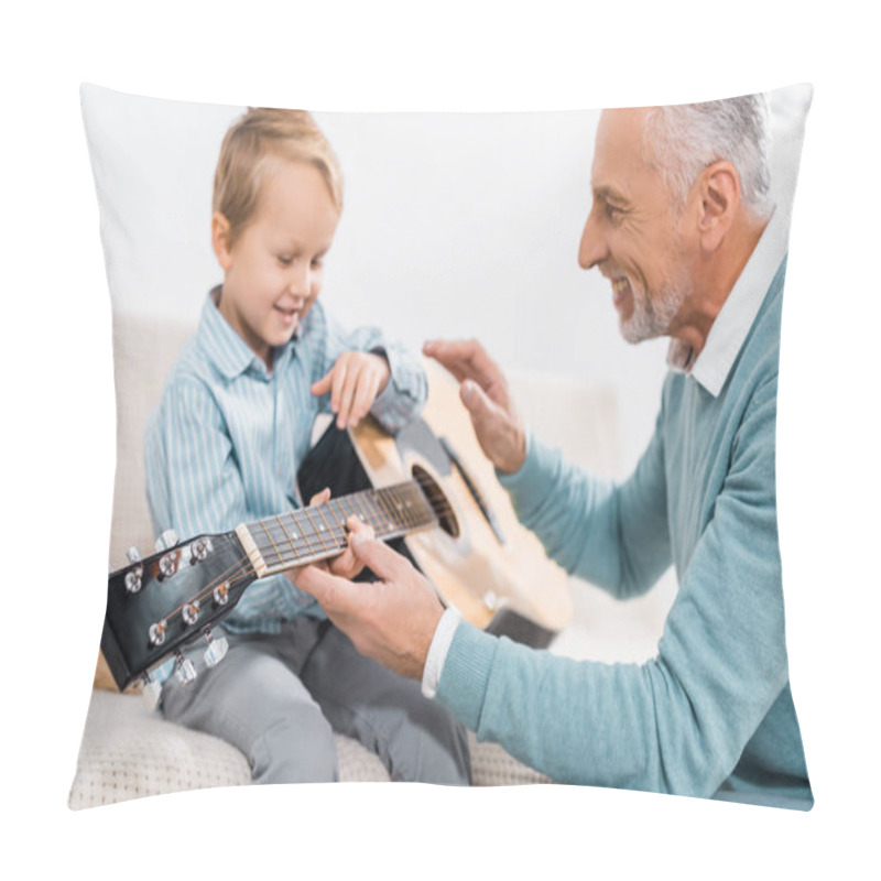 Personality  Happy Mature Man Teaching Grandson Playing On Acoustic Guitar At Home Pillow Covers