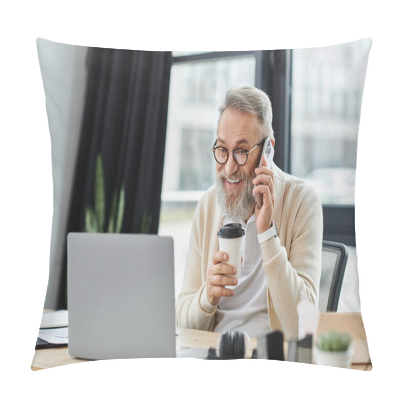 Personality  Mature Man Talks On The Phone With A Cheerful Expression While Holding A Coffee Cup. Pillow Covers