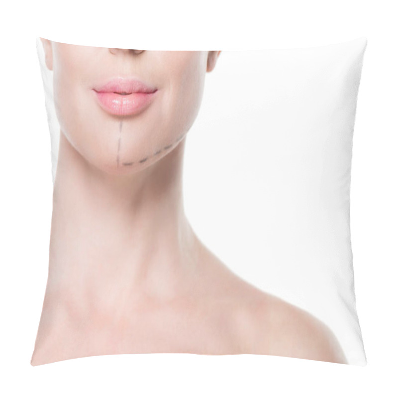 Personality  Cropped View Of Woman With Painted Lines On Face For Plastic Surgery Isolated On White Pillow Covers