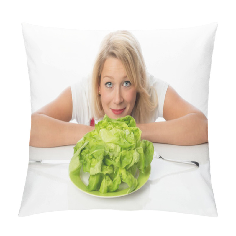 Personality  Blonde Woman Presenting A Head Of Lettuce Pillow Covers