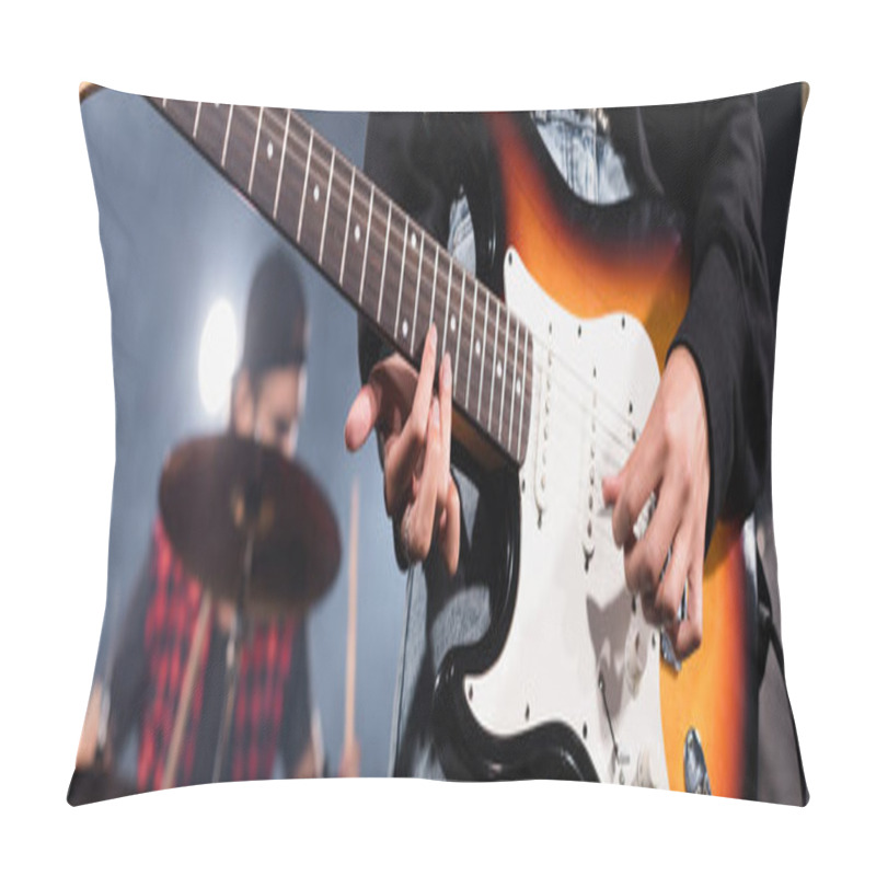 Personality  KYIV, UKRAINE - AUGUST 25, 2020: Female Musician Playing Electric Guitar With Blurred Drummer On Background, Banner Pillow Covers