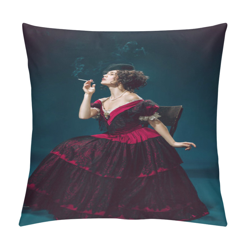 Personality  Young Woman As Anna Karenina On Dark Blue Background. Retro Style, Comparison Of Eras Concept. Pillow Covers