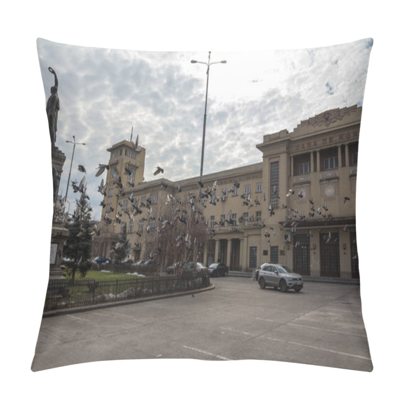 Personality  BUCHAREST, ROMANIA - FEBRUARY 15, 2020: Main Facade Of Gara De Nord, The Main Railway Station Of Bucharest, With Pigeons Flying Over It. Gar De Nord, Or Northern Station Is The Main Train Hub Of Romania Pillow Covers