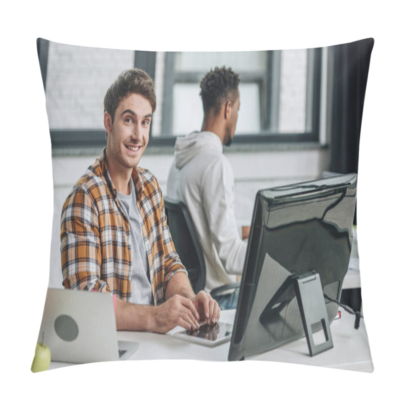 Personality  Cheerful Programmer Smiling At Camera While Sitting Near African American Programmer Pillow Covers