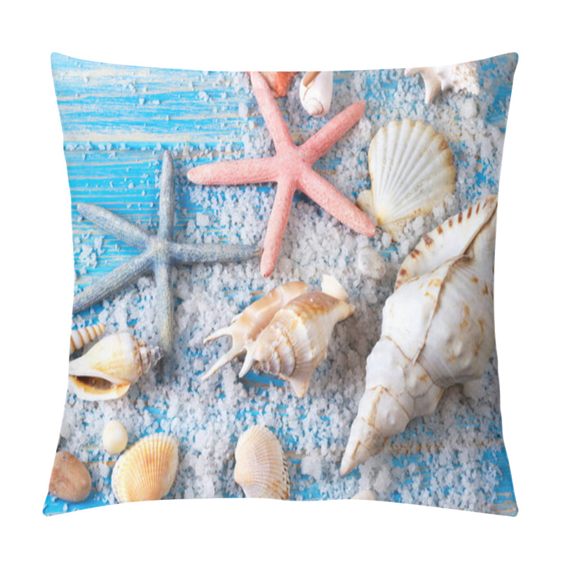 Personality  Background Of Seashells And Starfishes On Blue Wooden Planks. Creative Flat Lay Concept Of Summer. Pillow Covers